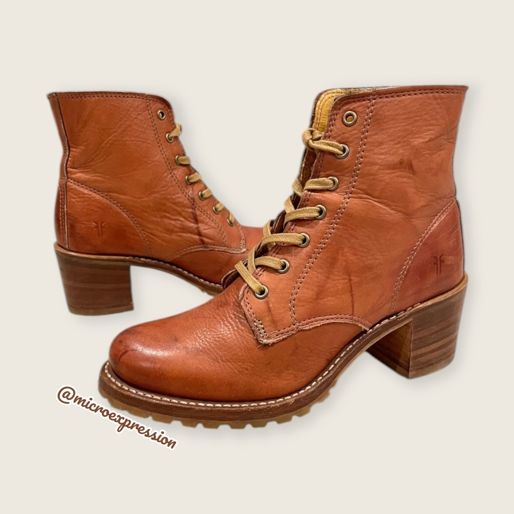 RARE Frye Sabrina 6G Lace Up Genuine Cognac Leather Classic Combat Ankle Boots - Picture 9 of 16